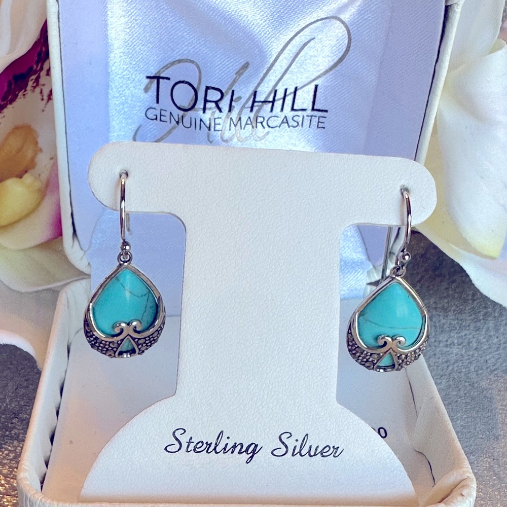 Tori Hill sterling silver, marcasite, and turquoise teardrop earrings.